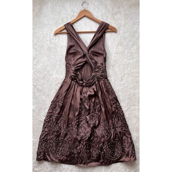 Adrianna Papell Iridescent Chocolate Brown Halter Taffeta Rosette Dress, Size 4 - Picture 11 of 16